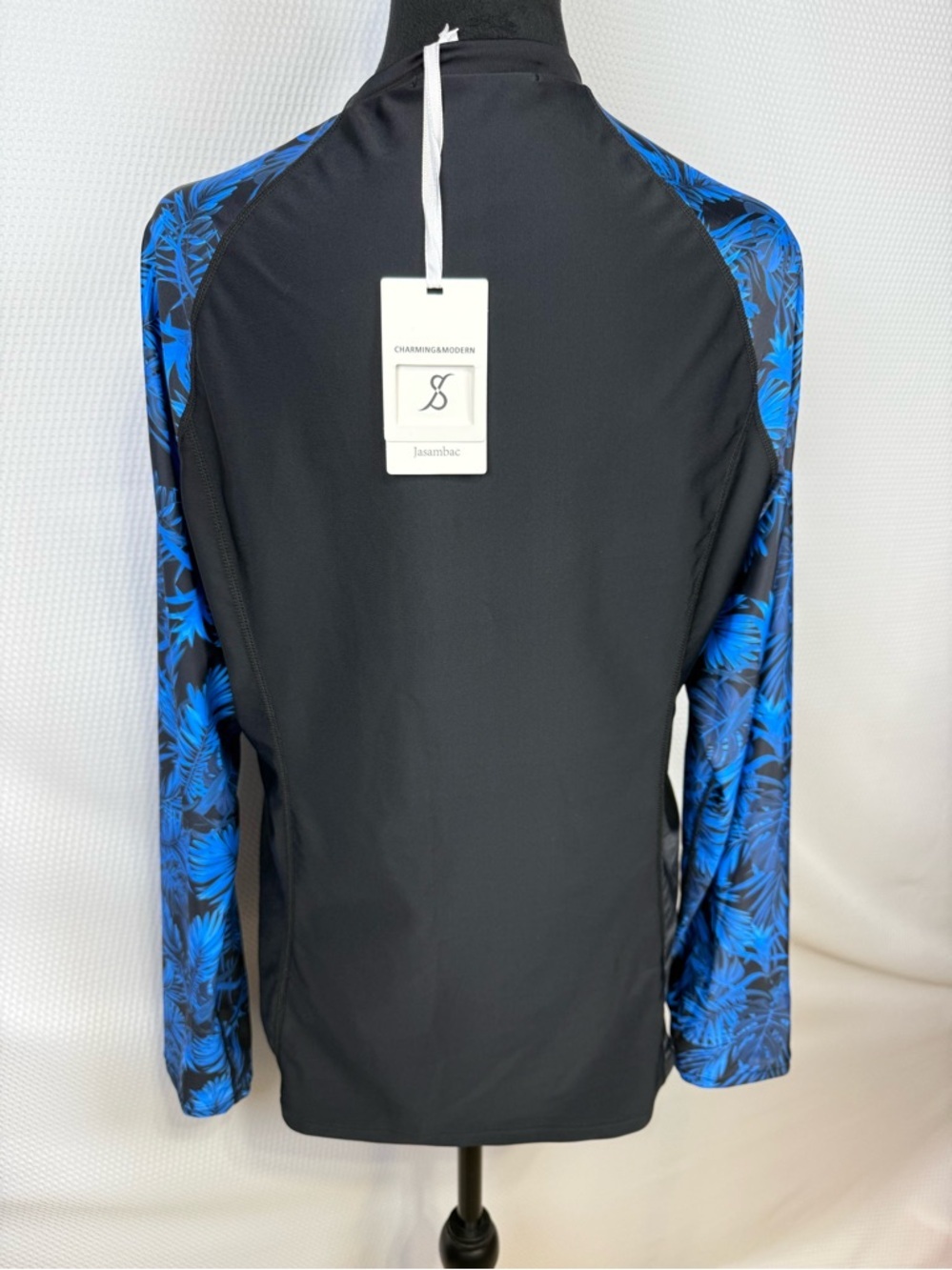 Jasambac Zip Front Rash Guard Swim Top Blue Palm Print XL NWT UPF Activewear - Picture 3 of 13